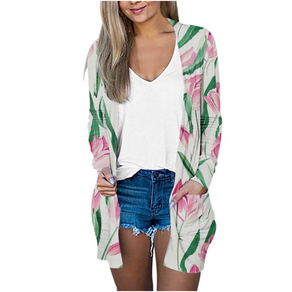 Womens Open Front Floral Cardigan Shirts with Pocket Long Sleeve Lightweight Coat Loose Comfort Casual Tops Outwear Pink, L