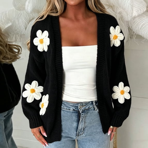 Womens Open Front Knit Cardigan 3D Daisy Floral Applique Long Sleeve Loose Fit Solid Color Casual Knitted Sweater Coat Black S