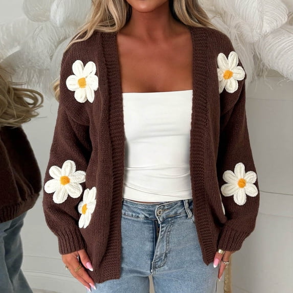 Womens Open Front Knit Cardigan 3D Daisy Floral Applique Long Sleeve Loose Fit Solid Color Casual Knitted Sweater Coat Brown 2XL
