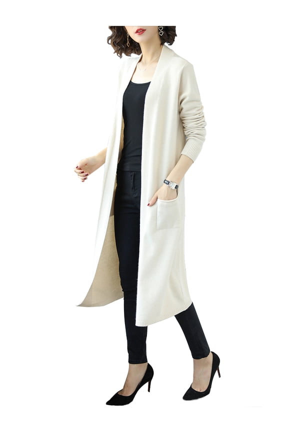 Womens Open Front Knit Long Sleeve Slits Drape Duster Coat Cardigan Sweater with Pockets, Beige Side Slit