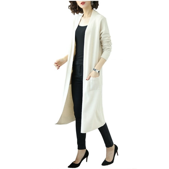 Womens Open Front Knit Long Sleeve Slits Drape Duster Coat Cardigan Sweater with Pockets, Beige Side Slit