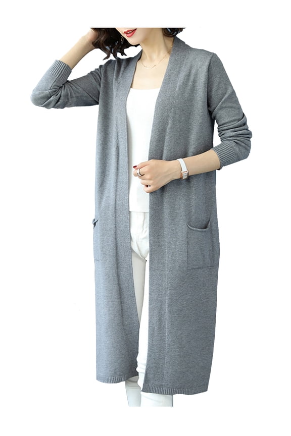 Womens Open Front Knit Long Sleeve Slits Drape Duster Coat Cardigan Sweater with Pockets, Grey Side Slit