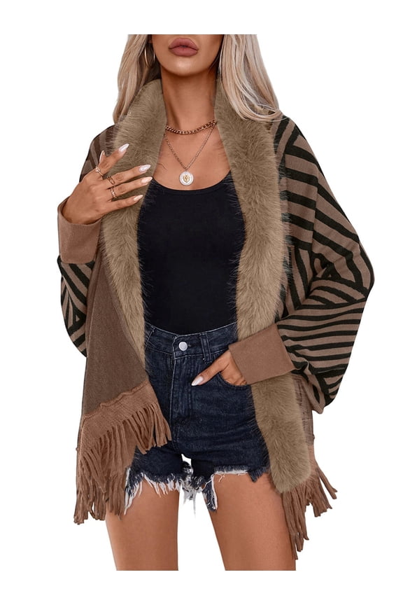 Womens Open Front Knited Tassels Slash Loose Cardigan Crew Neck Speckled Fringe Sweater Outwear Coffee One size