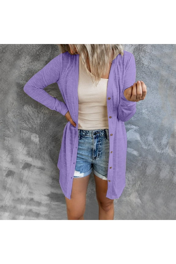 Womens Open Front Lightweight Long Cardigan Button Down Loose Solid Outerwear