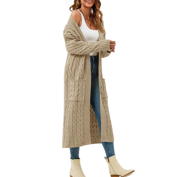 Womens Open Front Long Cardigan Oversized Long Sleeve Loose Cable Knit Chunky Fall Sweater Coat with Pockets