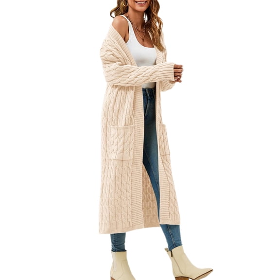 Womens Open Front Long Cardigan Oversized Long Sleeve Loose Cable Knit Chunky Fall Sweater Coat with Pockets