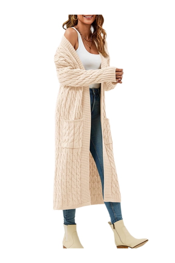 Womens Open Front Long Cardigan Oversized Long Sleeve Loose Cable Knit Chunky Fall Sweater Coat with Pockets