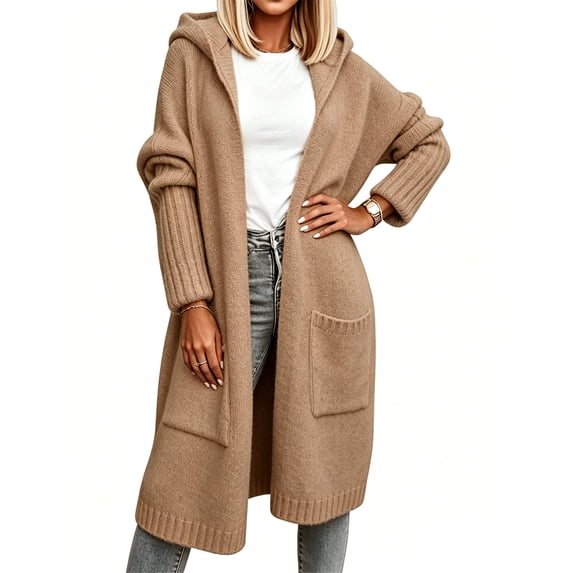 Long Sleeved Fall Winter Women Casual Hooded Knit Coat Loose Long Cardigan with Pocket