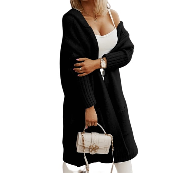 Long Sleeved Fall Winter Women Casual Hooded Knit Coat Loose Long Cardigan with Pocket