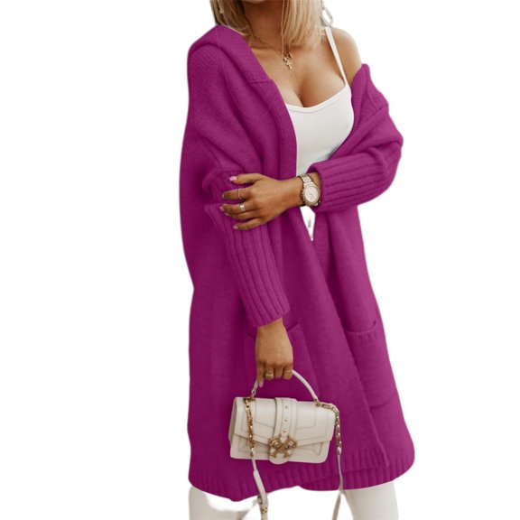 Long Sleeved Fall Winter Women Casual Hooded Knit Coat Loose Long Cardigan with Pocket