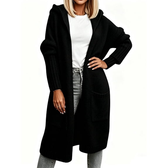 Long Sleeved Fall Winter Women Casual Hooded Knit Coat Loose Long Cardigan with Pocket
