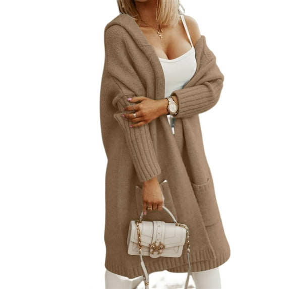 Long Sleeved Fall Winter Women Casual Hooded Knit Coat Loose Long Cardigan with Pocket