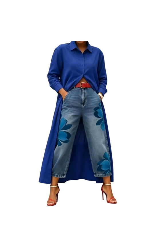 Womens Open Front Longline Shirts Point Collar Long-Sleeve Relaxed Fit Casual Spring Summer Daily Wear Blouses Blue XXL