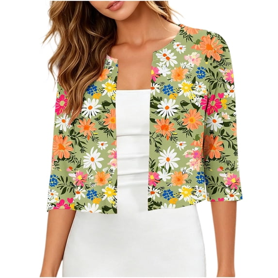Womens Open Front Tops Casual 3/4 Length Sleeve Lightweight Cardigans Dressy Crew Neck Cropped Shirts Green, L