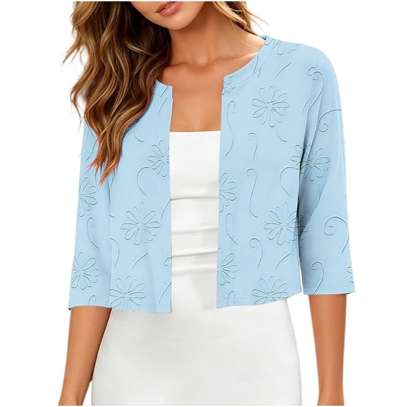 Womens Open Front Tops Casual 3/4 Length Sleeve Lightweight Cardigans Dressy Crew Neck Cropped Shirts Light Blue, XL