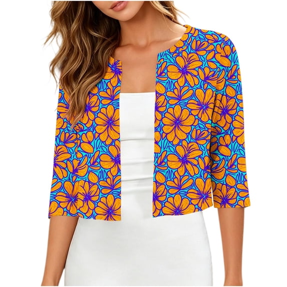 Womens Open Front Tops Casual 3/4 Length Sleeve Lightweight Cardigans Dressy Crew Neck Cropped Shirts Orange, M