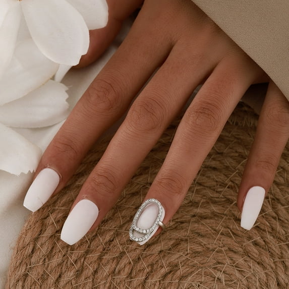 Womens Open Nail Rings, Geometric Diamond-Embedded Copper Rings, Electroplated Round and Oval Shaped Rings for Women