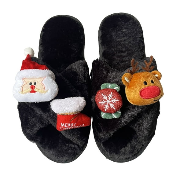 Womens Open Toe Christmas Slippers Fashion Cartonn Crossband House Slippers Cozzy Plush Bedroom Shoes