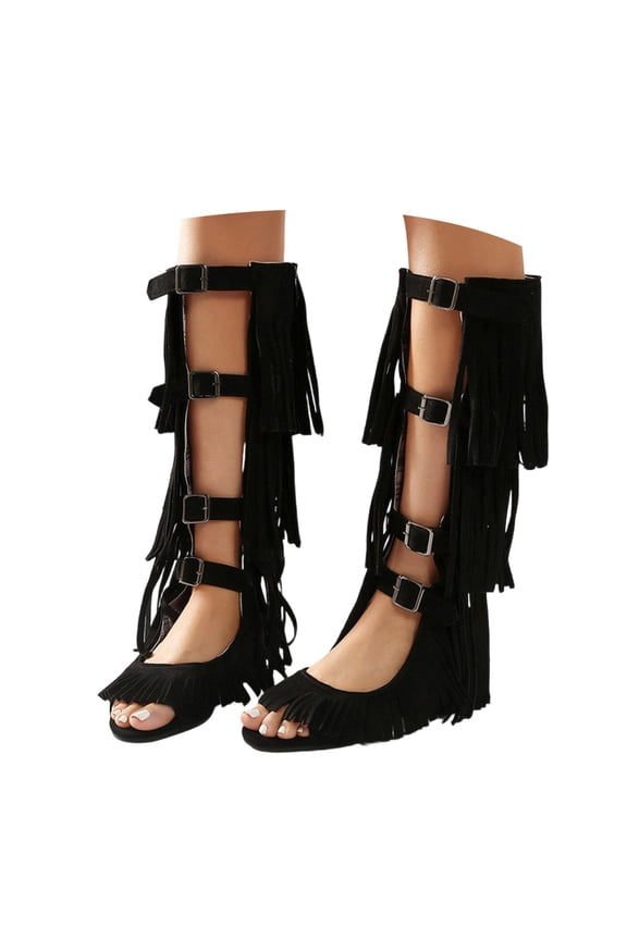 Womens Open Toe Fringe Sandals Adjustable Buckle Strap Flat Boho Open Toe Boots Complex Gorgeous Cut out Summer Dress Booties Black Size 8.5
