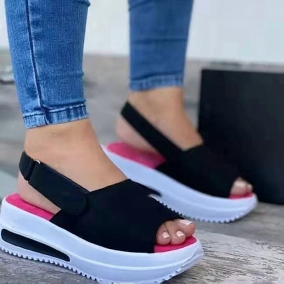 Womens Open Toe Platform Sandals, Slingback Ankle Strap Wedge Sandal Single Shoes, Black, US 7