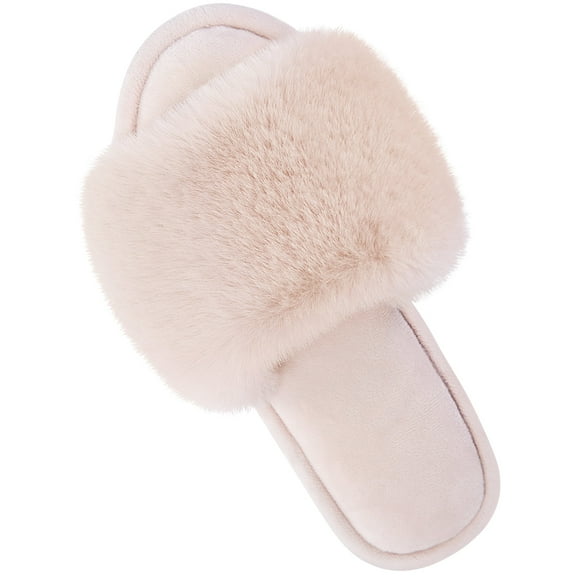 Parlovable Womens Fuzzy Faux Fur Slippers Cozy Spa Flat Fluffy Indoor House Shoes Slip on Outdoor Home Slipper Beige 7-8