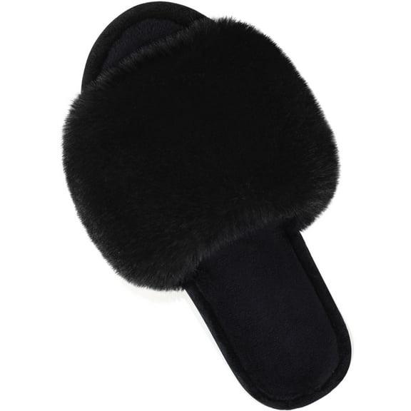 Parlovable Womens Fuzzy Faux Fur Slippers Cozy Spa Flat Fluffy Indoor House Shoes Slip on Outdoor Home Slipper Black 9-10