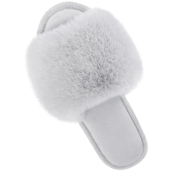 Parlovable Womens Fuzzy Faux Fur Slippers Cozy Spa Flat Fluffy Indoor House Shoes Slip on Outdoor Home Slipper Grey 7-8