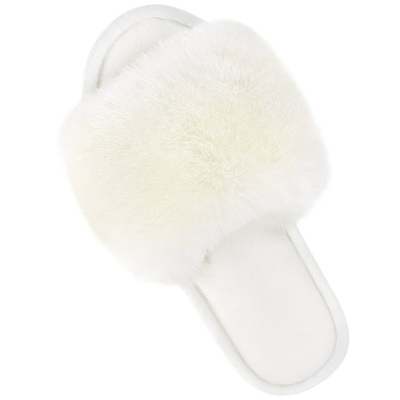 Parlovable Womens Fuzzy Faux Fur Slippers Cozy Spa Flat Fluffy Indoor House Shoes Slip on Outdoor Home Slipper White 7-8