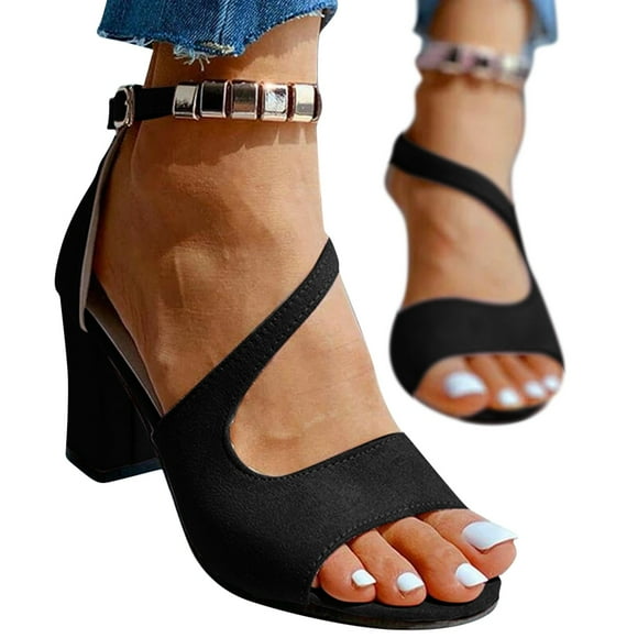 Womens Open Toe Strapy Pumps Shoes Buckle Ankle Strap High Heeled Shoes with Suede Arch Support