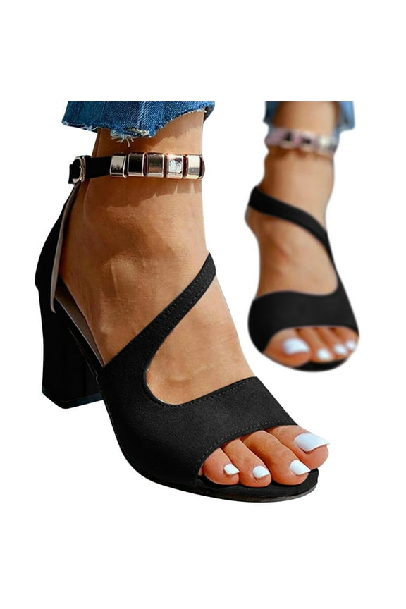 Womens Open Toe Strapy Pumps Shoes Buckle Ankle Strap High Heeled Shoes with Suede Arch Support