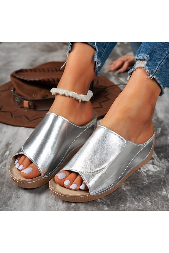 Womens Open Toe Wedge Mule Sandals Metallic Slip On Comfortable Summer Shoes Silver 39