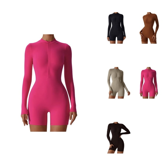 Womens Open-Zipper Long Sleeve Jumpsuit - One-Piece Yoga & Dance Fitness Romper with Tummy Control, Stretch Bodycon Fit