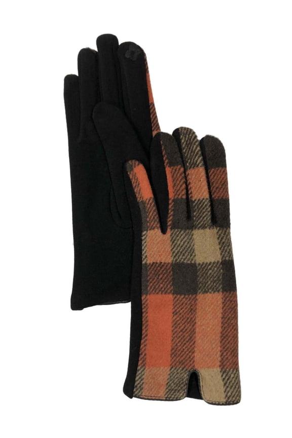 Womens Orange & Brown Plaid Stretch Fit Texting & Tech Touchscreen Gloves