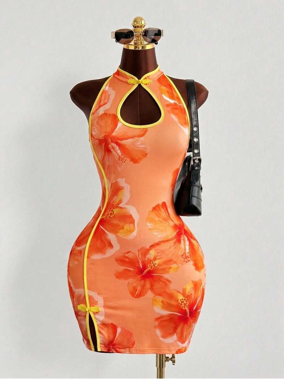 Womens Orange Floral Print Halter Neck Cheongsam Dress Vintage Bodycon Mini