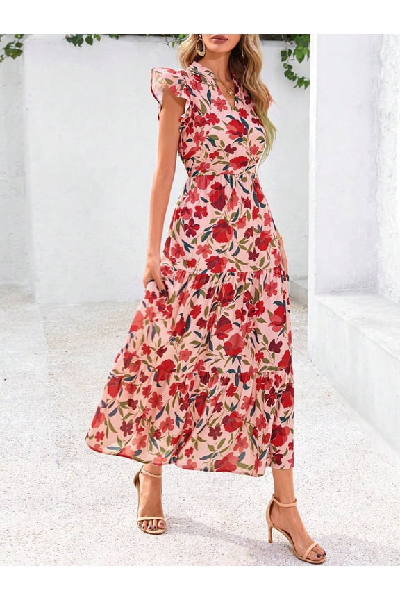 Womens Orange Foundation Red Flower Print V-Neck Ruffled Sleeve Tiered Maxi Dress Bohemian Casual Beach Holiday Flowing Long Dress