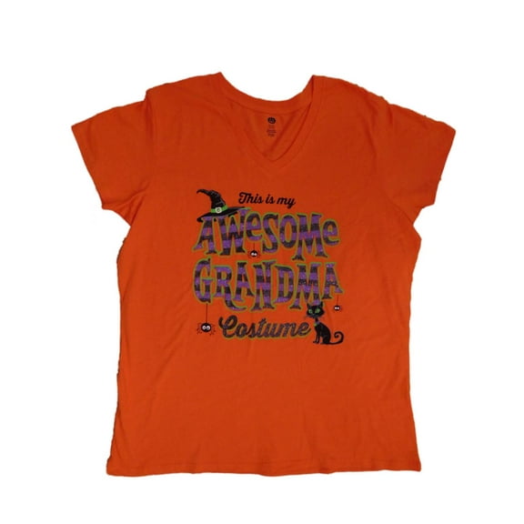 Womens Orange Glitter This is My Awesome Grandma Costume Shirt Halloween Tee Lg
