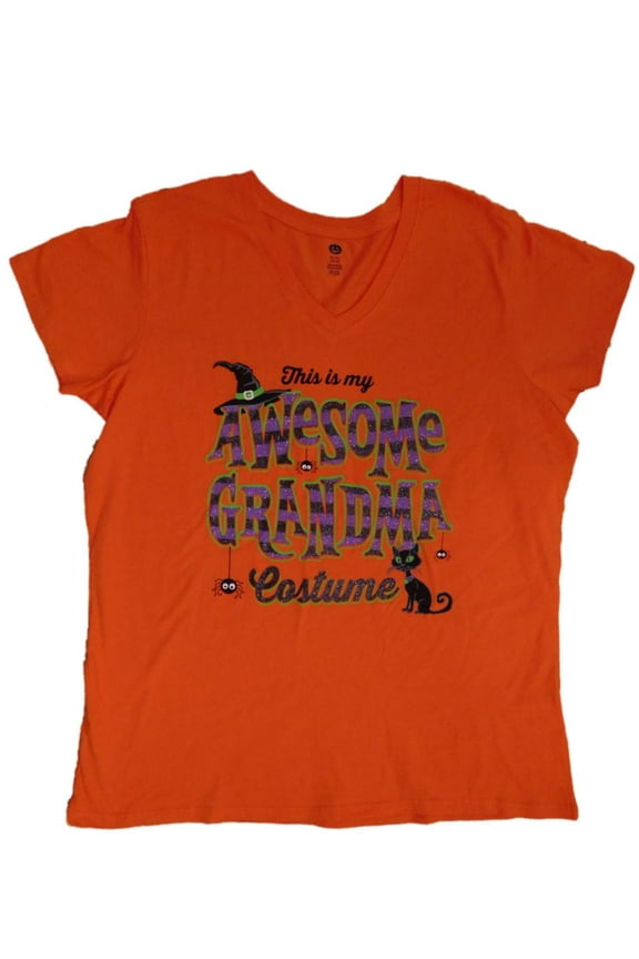 Womens Orange Glitter This is My Awesome Grandma Costume Shirt Halloween Tee Lg