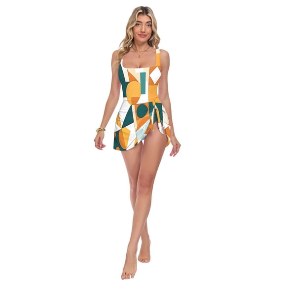 Womens Orange Green Geometric Pattern Print 2-in-1 Swim Dress Detachable Skirt One-Piece Swimsuit Square Neck S-XXL
