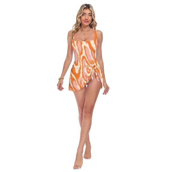 Womens Orange Leopard Print Pattern Print 2-in-1 Swim Dress Detachable Skirt One-Piece Swimsuit Square Neck S-XXL