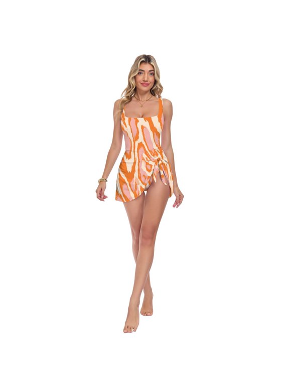 Womens Orange Leopard Print Pattern Print 2-in-1 Swim Dress Detachable Skirt One-Piece Swimsuit Square Neck S-XXL