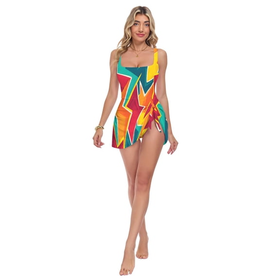 Womens Orange Lightning Pattern Print 2-in-1 Swim Dress Detachable Skirt One-Piece Swimsuit Square Neck S-XXL