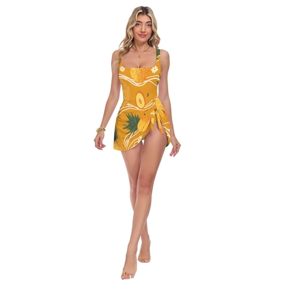 Womens Orange Pineapple Pattern Print 2-in-1 Swim Dress Detachable Skirt One-Piece Swimsuit Square Neck S-XXL