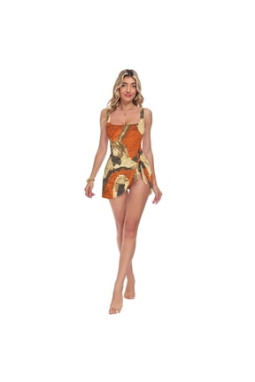 Womens Orange Python Pattern Print 2-in-1 Swim Dress Detachable Skirt One-Piece Swimsuit Square Neck S-XXL