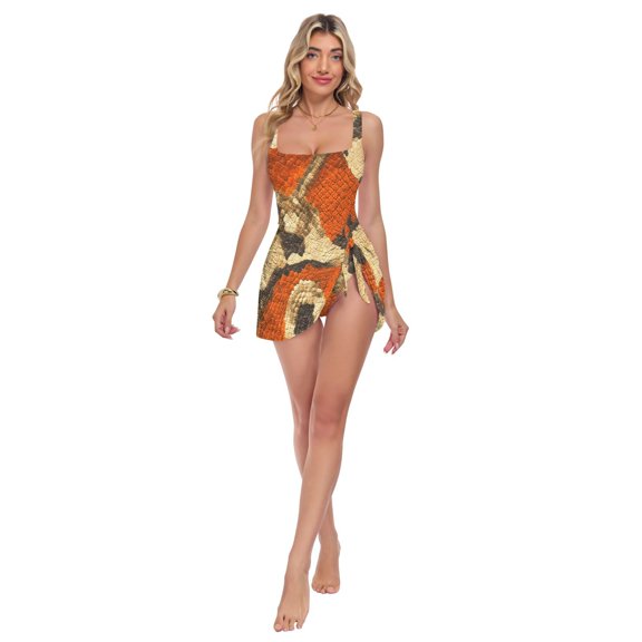 Womens Orange Python Pattern Print 2-in-1 Swim Dress Detachable Skirt One-Piece Swimsuit Square Neck S-XXL