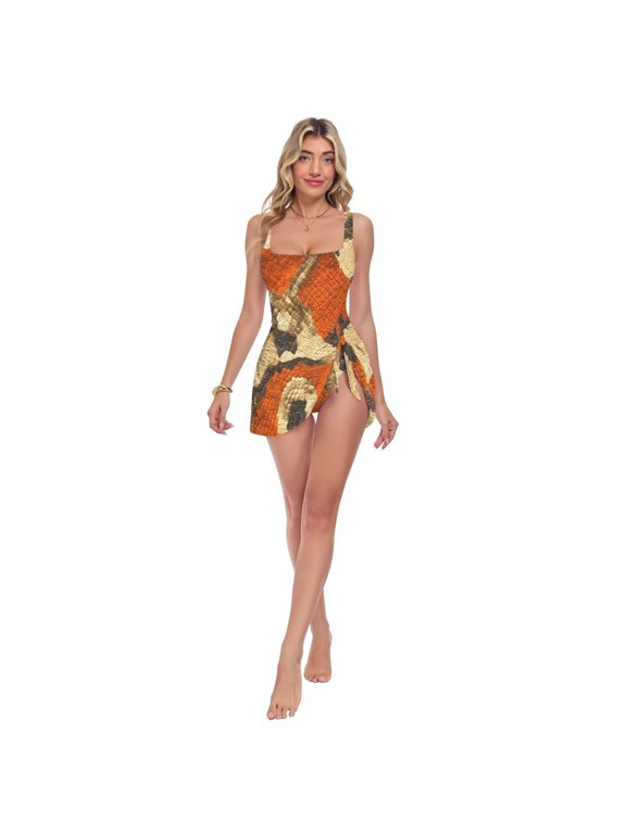 Womens Orange Python Pattern Print 2-in-1 Swim Dress Detachable Skirt One-Piece Swimsuit Square Neck S-XXL