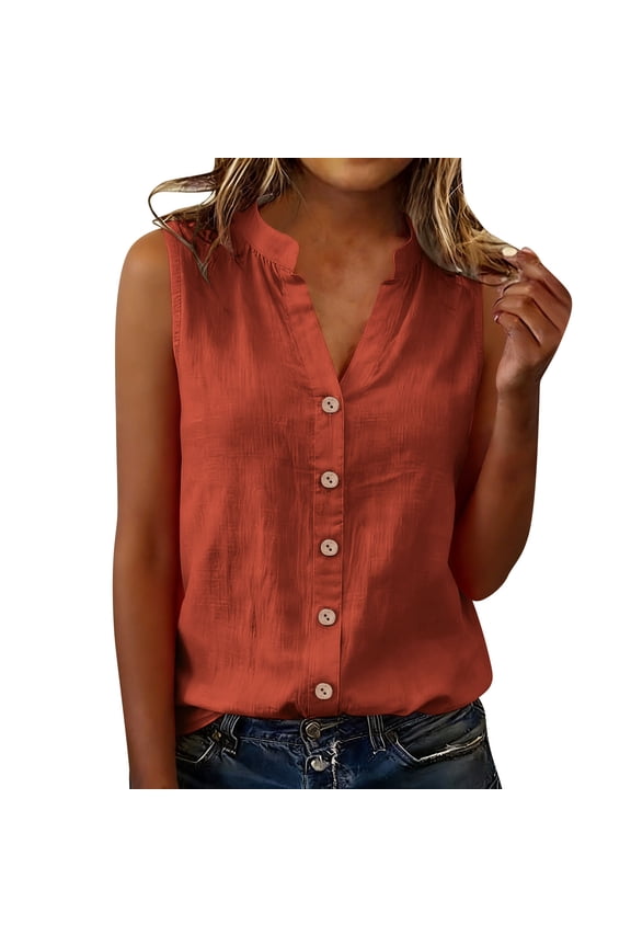 Womens Orange Sleeveless Top, Button Front V-Neck Band Collar Blouse - Relaxed Fit Nylon Spandex Shirt for Casual & Professional Wear,Size 2XL