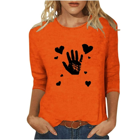 Womens Orange Tops 3/4 Sleeve T Shirts Round Neck Holiday Festive Tees Loose Fit Casual Summer Fall Clothes (Orange L)