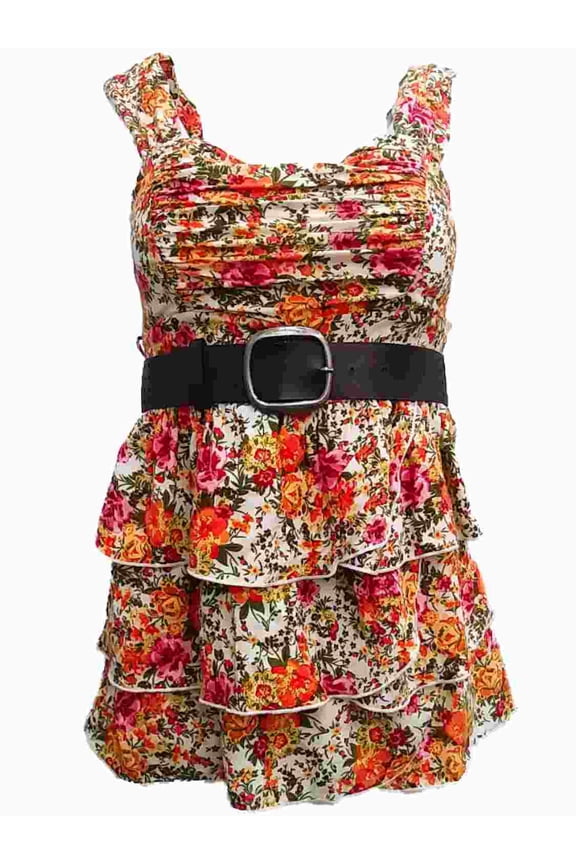 Womens Orange Yellow Floral Flower Layered Top Summer Sun Dress