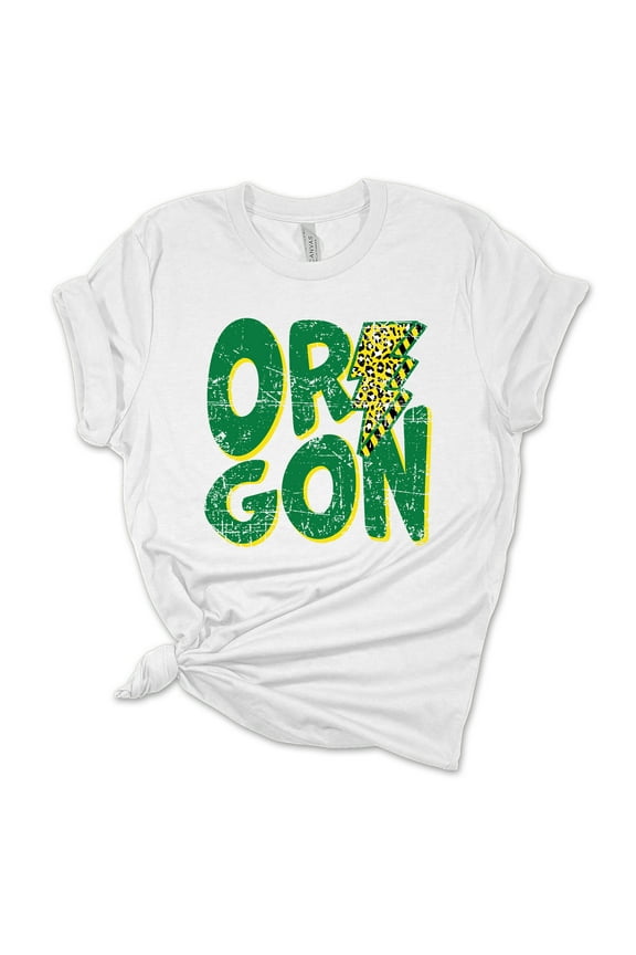 Womens Oregon Football Team Color Green and Yellow Lightning Bolt Short Sleeve T-shirt-White-xxl