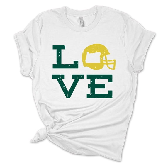 Womens Oregon Football Team Color Green and Yellow Love Oregon Helmet Short Sleeve T-shirt-White-large